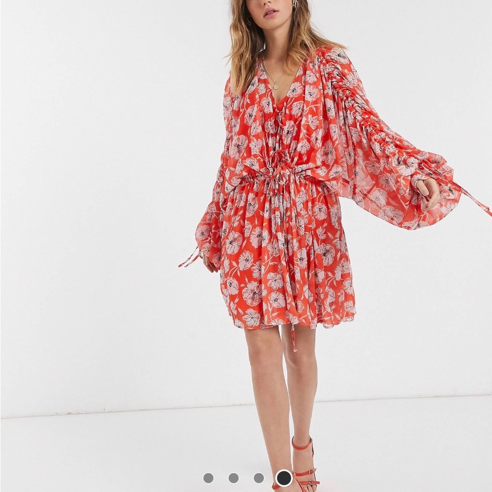 ASOS Soft Tiered Mini Dress with soft drawstring details in Orange Poppy Floral